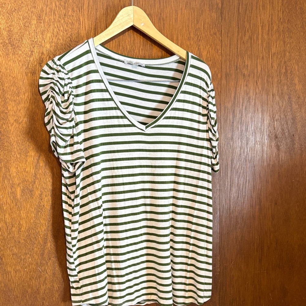 Green Envelope Olive and White Striped V-Neck Tee